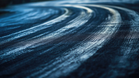 Close-up view of dark car tire drift skid marks curving across asphalt road track, showing speed, control, and precision driving techniqueの素材