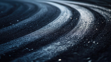 Close-up view of dark car tire drift skid marks curving across asphalt road track, showing speed, control, and precision driving techniqueの素材