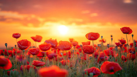 Field of poppies in the foreground with vibrant red blossoms against a pastel sunrise sky, creating a romantic and tranquil sceneの素材