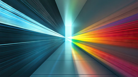 Detailed optical illustration concept white light entering prism and emerging as rainbow-colored beams through refractionの素材