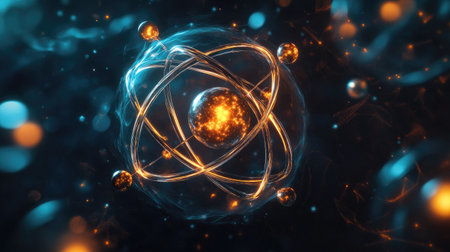 Detailed atomic structure with protons, neutrons, and electrons, floating in space with glowing effects for educational conceptの素材