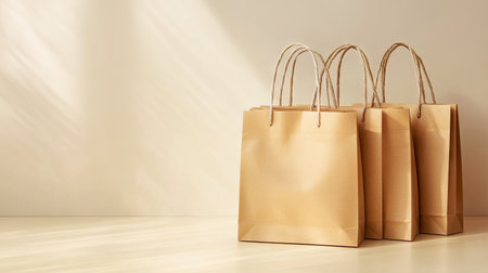 Elegant display of kraft paper shopping bags on soft light background, emphasizing eco-conscious design and modern minimalismの素材
