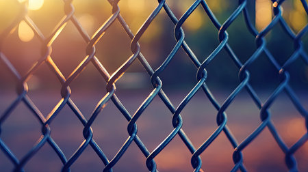 Close-up texture of steel chain-link fence with blurred background, representing security and restrictionの素材