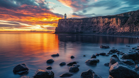 Colorful sunrise illuminating a lighthouse on a cliff, reflecting on calm ocean water with scattered rocks in the foregroundの素材