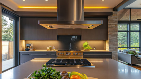 Contemporary kitchen interior with a polished metal hood above stove, surrounded by modern furniture and warm lightingの素材
