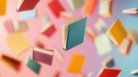Colorful books flying in midair against a pastel background, pages open as if floating magically in motionの素材