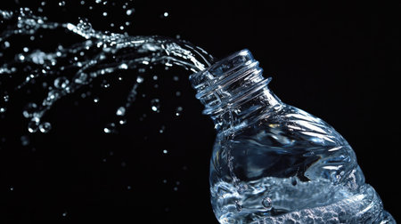 The pure rush of water as a bottle is opened, captured against a spotless black backgroundの素材