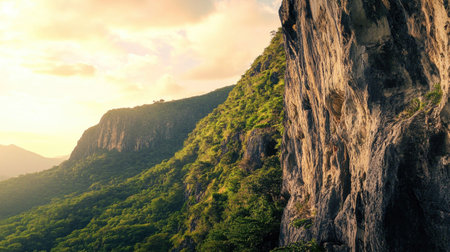 Sharp cliff face with dramatic stone textures rising above a lush mountain landscape under golden hour lightの素材