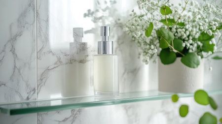 Elegant bottle of serum lotion placed on a clear glass shelf in a modern bathroom with marble tiles and soft natural lightingの素材