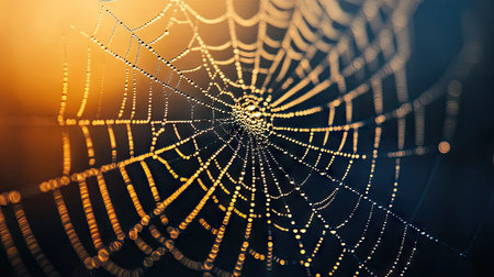Macro shot of spider web strands sparkling with dew drops, capturing intricate details and natural beauty in early lightの素材