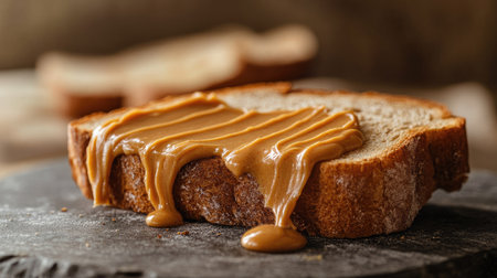 Smooth peanut butter slowly dripping from a corner of the toast, adding a dramatic food styling effectの素材
