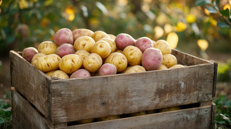 Wooden crate brimming with raw russet and yellow potatoes, placed in a lush countryside settingの素材