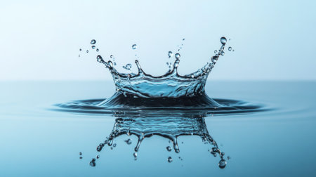 Water splash captured in high resolution with a mirror-like reflection on a calm surfaceの素材