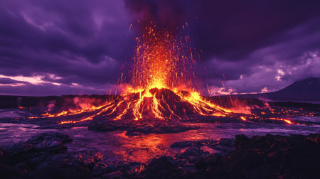 Volcanic eruption at dusk, with sparks and lava shooting into the purple-black sky, reflecting a powerful force of natureの素材