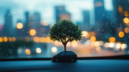 Tree-shaped car air freshener in focus with a blurred cityscape outside the car window, symbolizing freshness on the goの素材