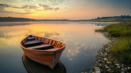 The serene view of a wooden boat, moored at the water's edge, amid a calm and peaceful landscapeの素材