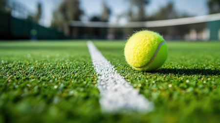 Tennis ball sitting near a white boundary line on an artificial grass court, adding depth to the pictureの素材