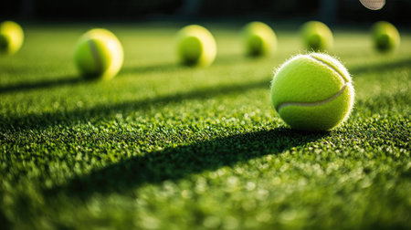 Tennis balls placed on an artificial grass court, emphasizing their fuzz, texture, and contrast against green turfの素材