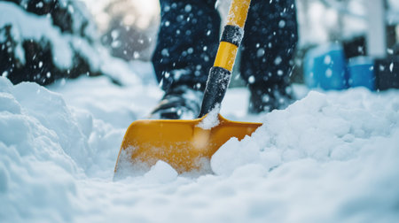 Shovel cleaned by a worker after finishing clearing a heavy snowfallの素材