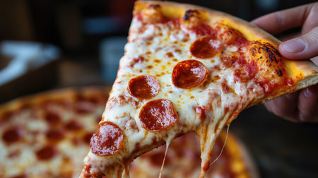 The moment a pizza slice is held up, its texture and flavor captured in rich detailの素材
