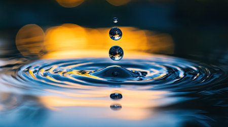 Transparent water drops suspended above their reflection on a mirror-like surfaceの素材