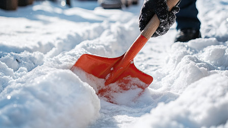 Shovel cleaned by a worker after finishing clearing a heavy snowfallの素材
