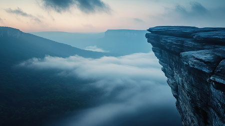 Weathered stone cliff contrasting sharply with soft rolling mountains and low-hanging clouds at sunriseの素材