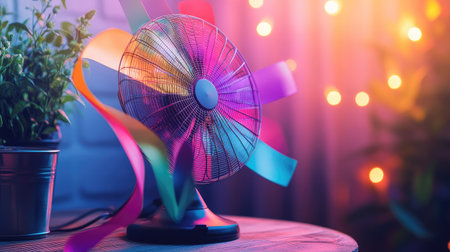 Vintage-style electric fan with multicolored ribbons fluttering gently, placed on a wooden table in soft lightingの素材