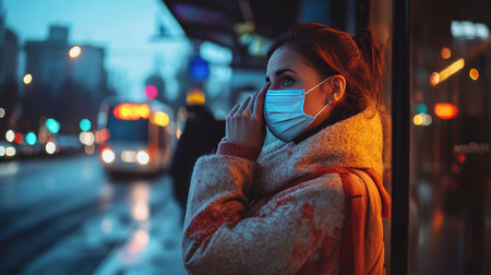 Woman adjusting her face mask while standing at a bus stop with city lights in the backgroundの素材