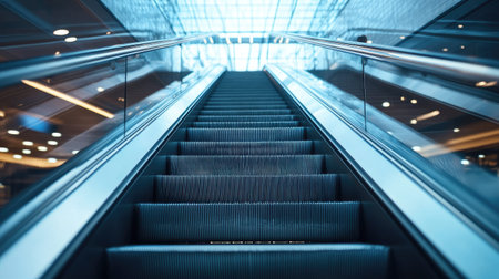 Close-up of modern escalator inside a bright building, highlighting moving steps, metal textures, and sleek architectural detailsの素材