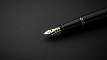 Top-down view of a black fountain pen resting atop a sheet of dark paper, emphasizing elegance in writing and designの素材