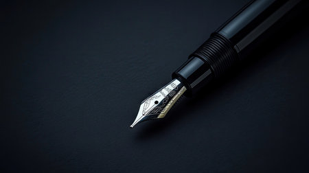 Stylized shot of a black fountain pen casting a soft shadow on a gradient dark background, perfect for stationery brandingの素材