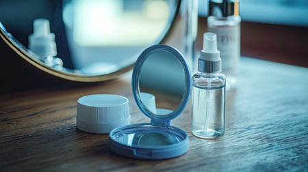Travel kit setup with a compact contact lens case, mini solution bottle, and mirror on a wooden surfaceの素材