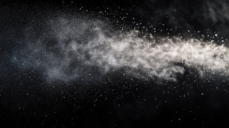 Slow-motion capture of fine mist spraying upward with sharp lighting, emphasizing the texture and motion on blackの素材