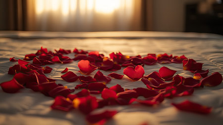 Scattered rose petals forming a heart in the center of a neatly made bed, with warm ambient lightingの素材