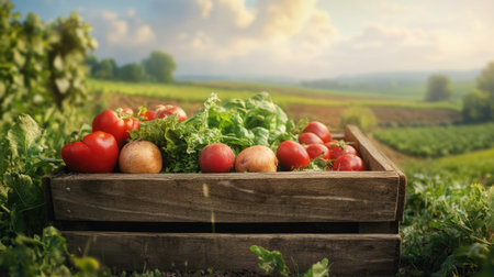 Textured wooden box brimming with healthy farm-fresh produce, set in a green agricultural landscapeの素材