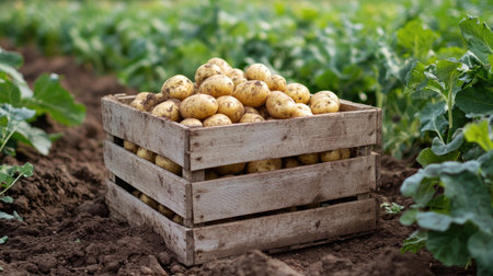 Wooden box placed in a potato field, filled to the top with freshly dug, dirt-covered produceの素材