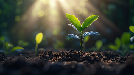 Tiny plant breaking through the soil, reaching upward with fresh leaves, framed by soft beams of sunlightの素材
