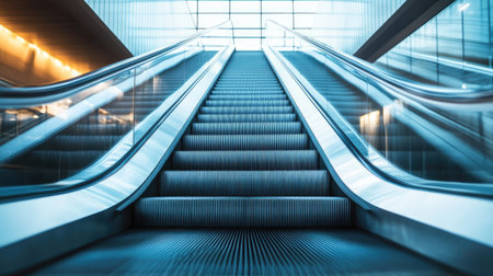Close-up of modern escalator inside a bright building, highlighting moving steps, metal textures, and sleek architectural detailsの素材