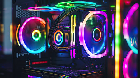 Vibrant rainbow LED fans spinning inside a custom gaming PC, casting colorful reflections on the deskの素材