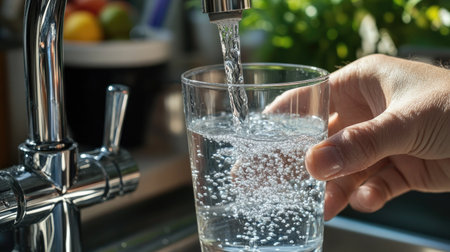Filling up a glass of water directly from the faucet for healthy hydrationの素材