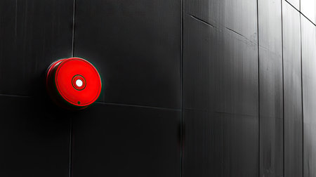 Minimalist photo of a red fire alarm button on a stark black wall, highlighting the bright safety deviceの素材