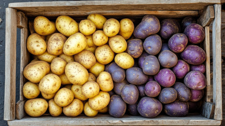 Farmer's crate filled with a rich harvest of multicolored and earthy russet, yellow, and purple potatoesの素材