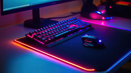 Gaming setup featuring a backlit keyboard and precision mouse on a mousepad with a glowing edgeの素材