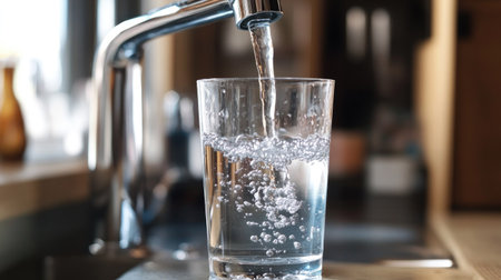 Filling a glass to the rim with water from a modern tap, emphasizing purity and simplicityの素材