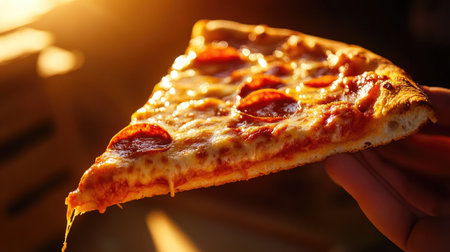 Golden pizza slice held by a hand, with rich toppings glimmering under dramatic lightingの素材