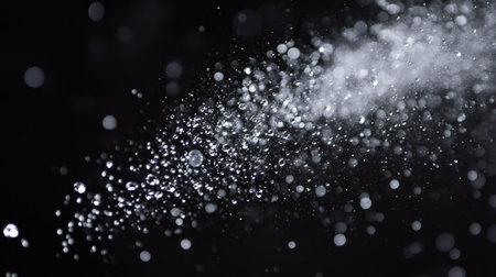 Fine mist of water spraying into the air against a dark black background, capturing each droplet in sharp detailの素材