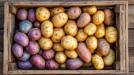 Farmer's crate filled with a rich harvest of multicolored and earthy russet, yellow, and purple potatoesの素材