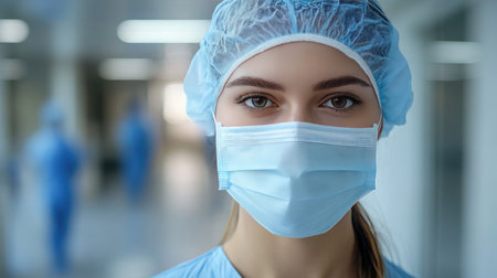 Female healthcare worker wearing a hygienic mask and uniform, symbolizing safety and frontline dedicationの素材