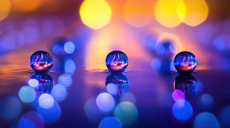Lens and water beads aligned symmetrically on a reflective light surface, creating a modern, minimalist compositionの素材